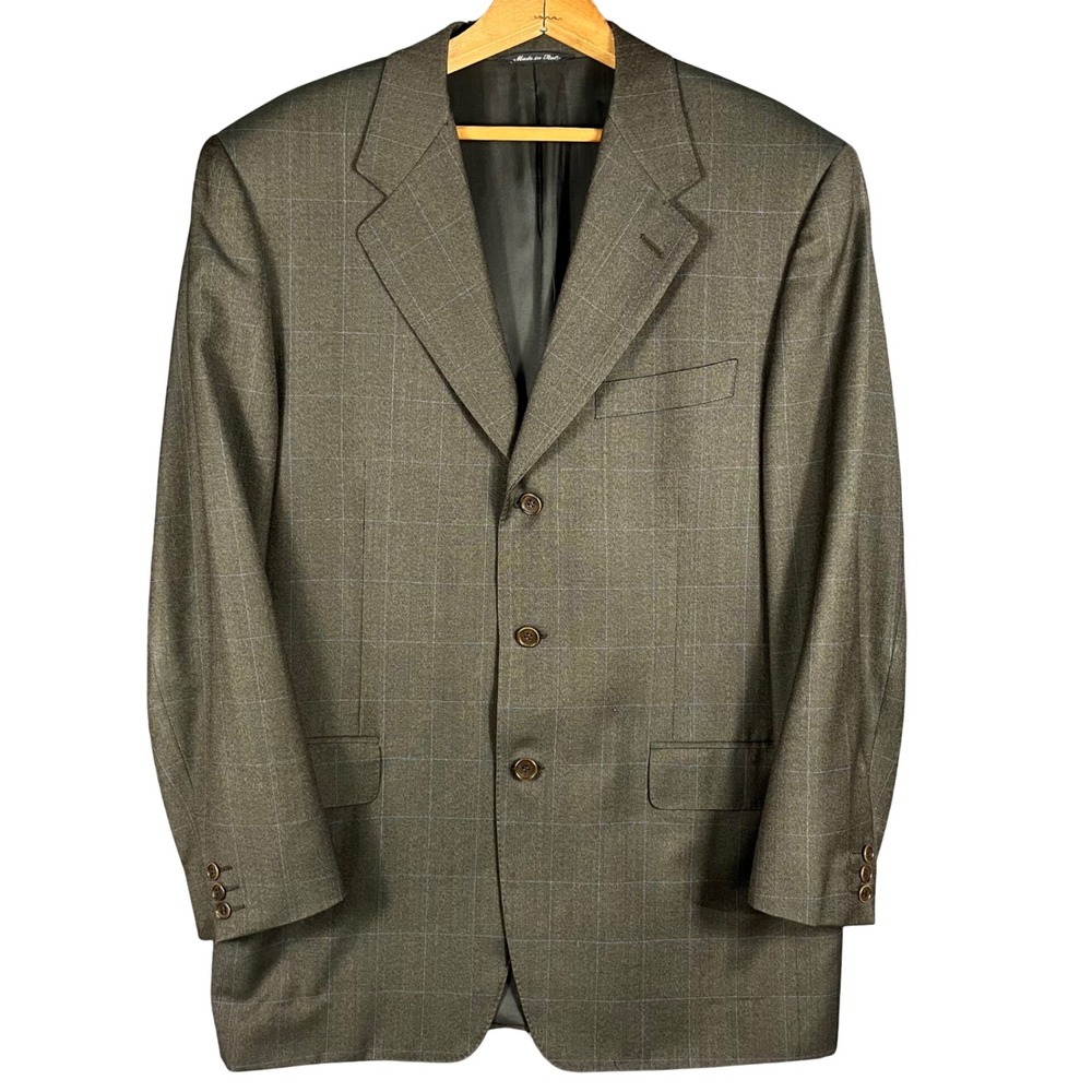 Canali Suit Jacket Mens‎ 40R Brown Super 120s Wool Windowpane Blazer Italy